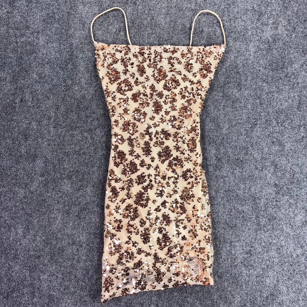 Hello Molly Leopard Print Sequin Mini Dress Rose Gold Bodycon Party Size S US 4